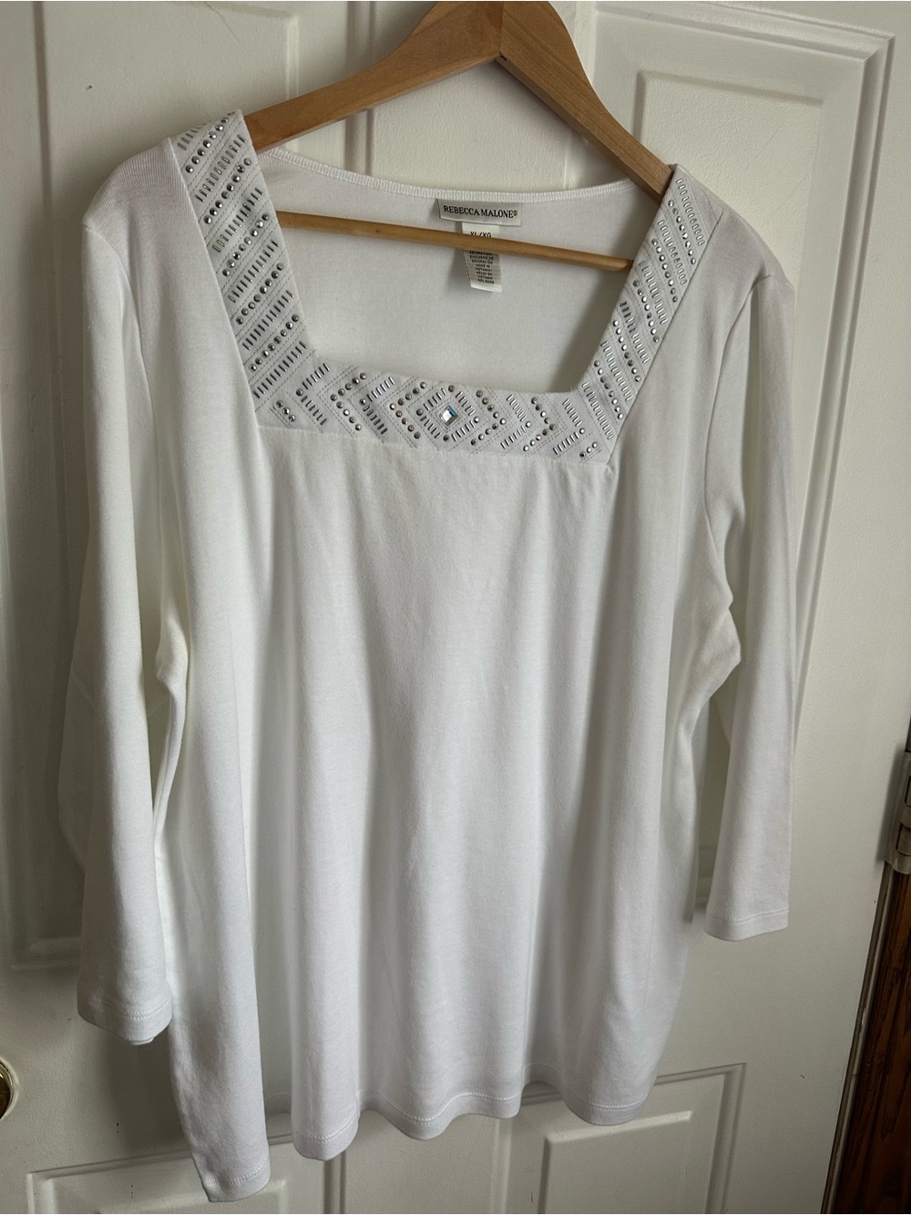 Rebecca Malone White Embellished Square-Neck Women's Top 100% Cotton XL